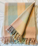 Handwoven Blanket made of Canadian wool - Pastel Yellow, Green, Pink, Orange and Blue - Squares